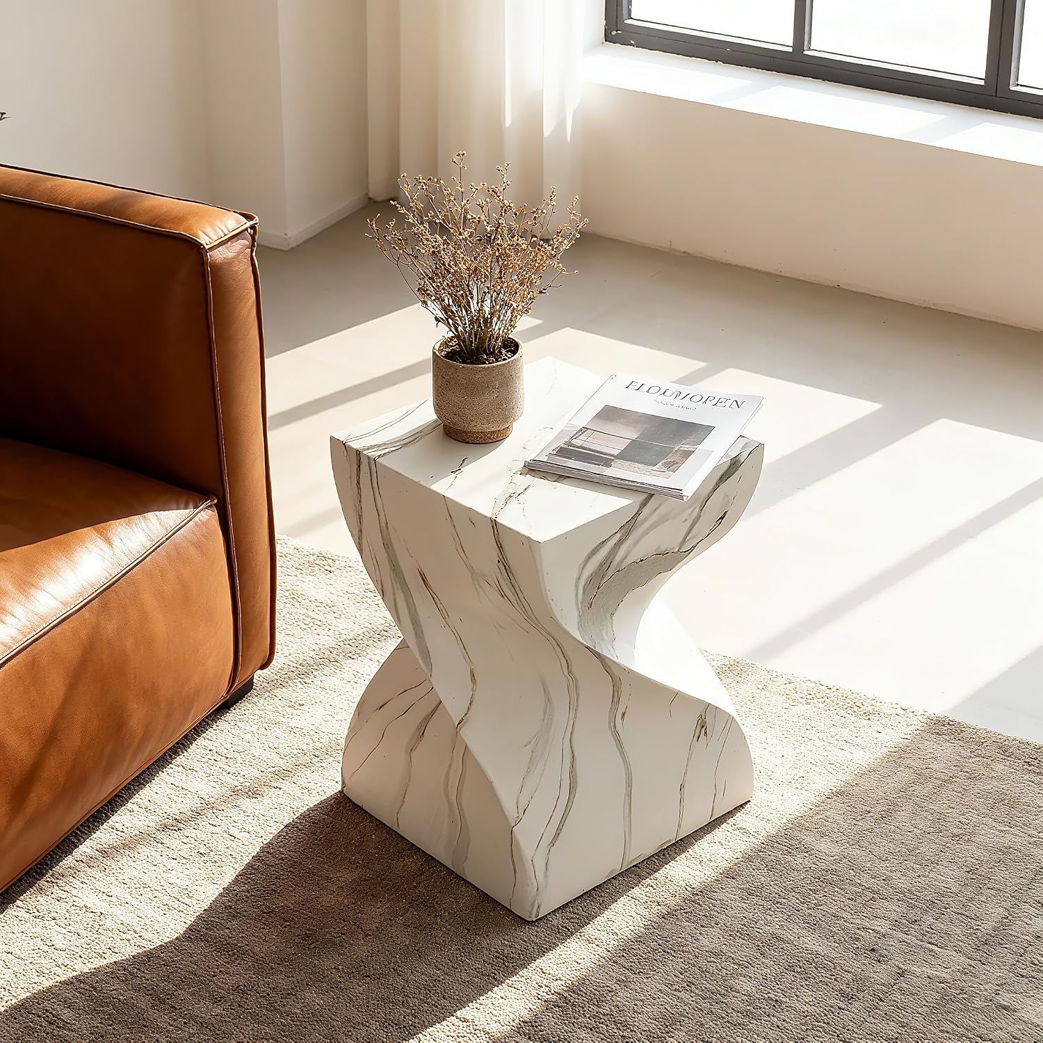 14.4" Round Stone Side Table, Outdoor Patio End Table, Faux Marble Accent Table, Weather Resistant Garden Stool Table, Modern Small Side Table for Indoor Outdoor Living Room Patio
