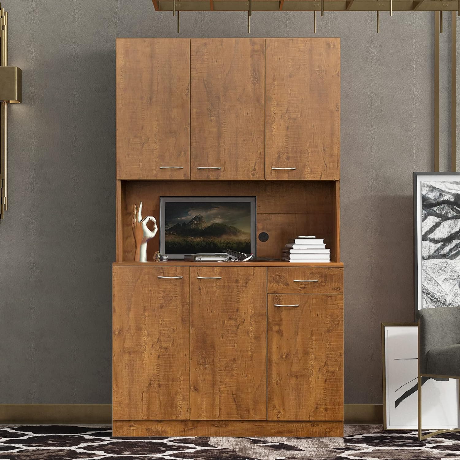 Ball & Cast 71" Pantry Cabinet,Tall Kitchen Pantry Storage Cabinet with Microwave Stand, Modern Kitchen Hutch Cabinet with 6 Doors,1 Drawer & Open Shelves for Living Room,Dining Room,Walnut