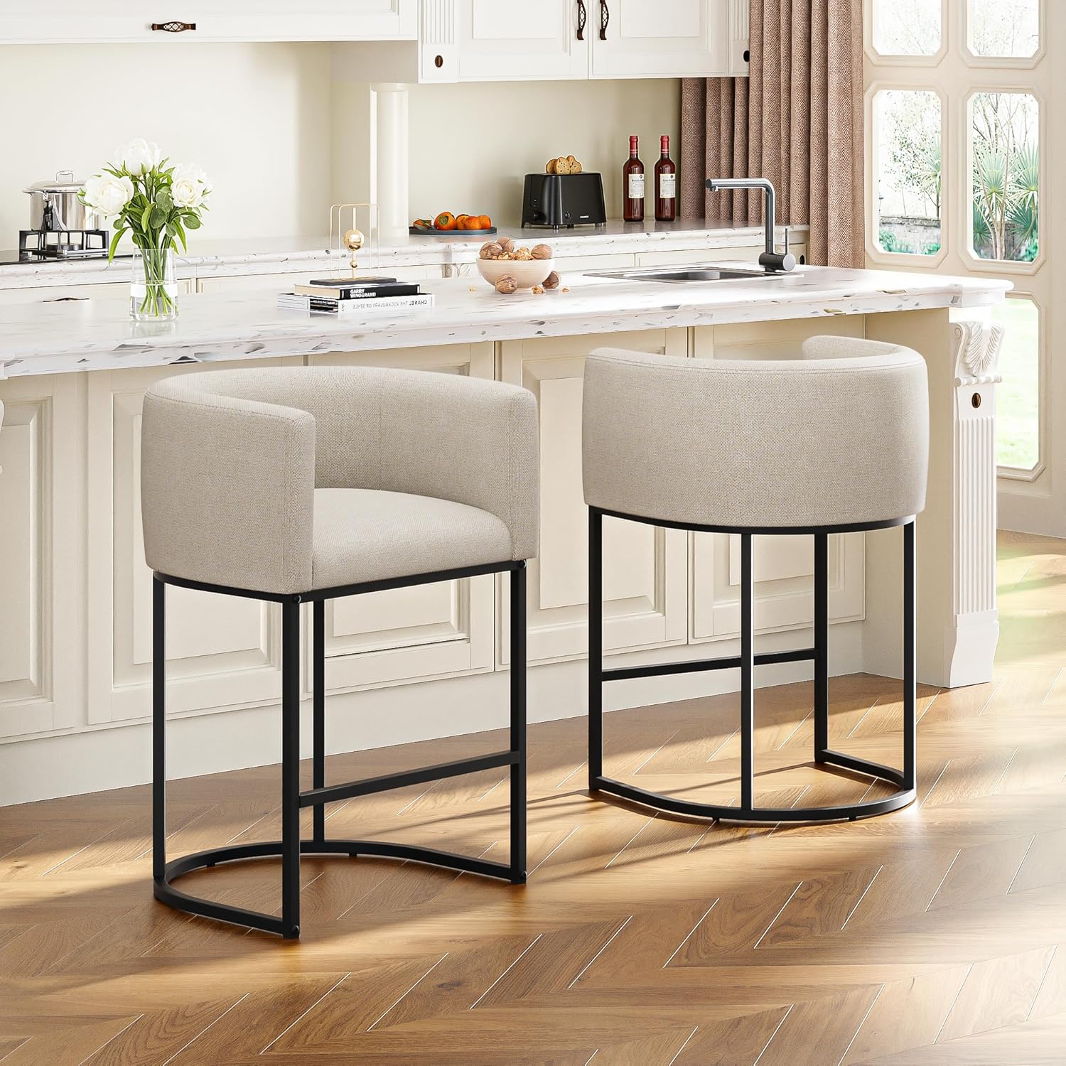 26" H Counter Height Bar Stools Set of 3, Modern Barrel Counter Stools with Backrest and Arms, Linen Fabric Upholstered Accent Barstools for Kitchen Island, Support 450 LBS, Beige