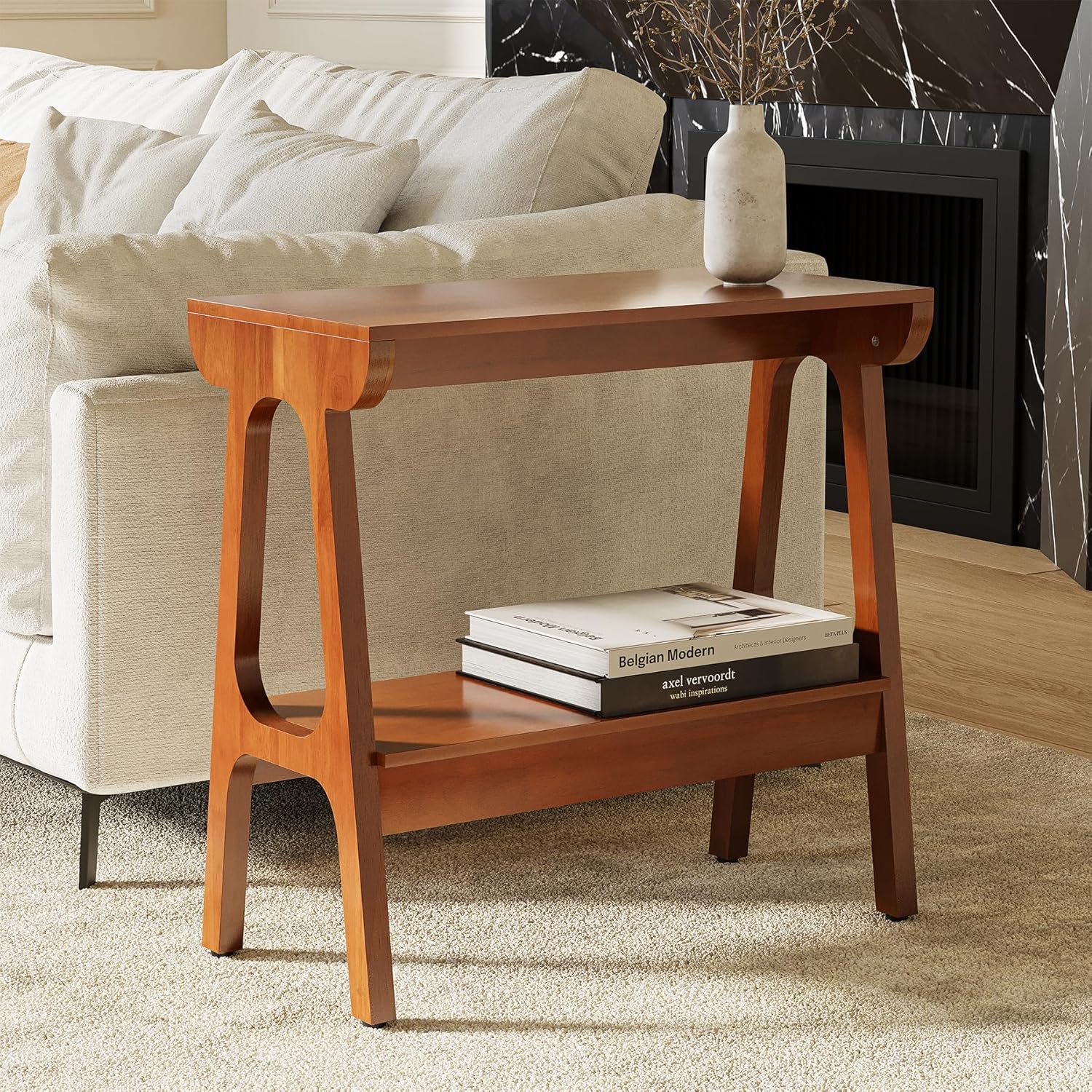 LITTLE TREE Solid Wood End Table, Small Wooden Side Table with Narrow 2-Tier Shelves, Slim End Tables for Small Spaces, Bedside Table for Bedroom,Living Room,Bathroom, Entryways (23.6" W x 11.8" D)