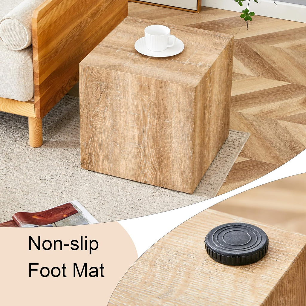 Modern Natural Color Wooden End Table for Living Room, MDF Construction Square Sofa Side Table Small Nightstand for Home Apartment, 15.7 x 15.7 x 15.7 Inch, Easy to Clean, Non-Slip Feet Pad