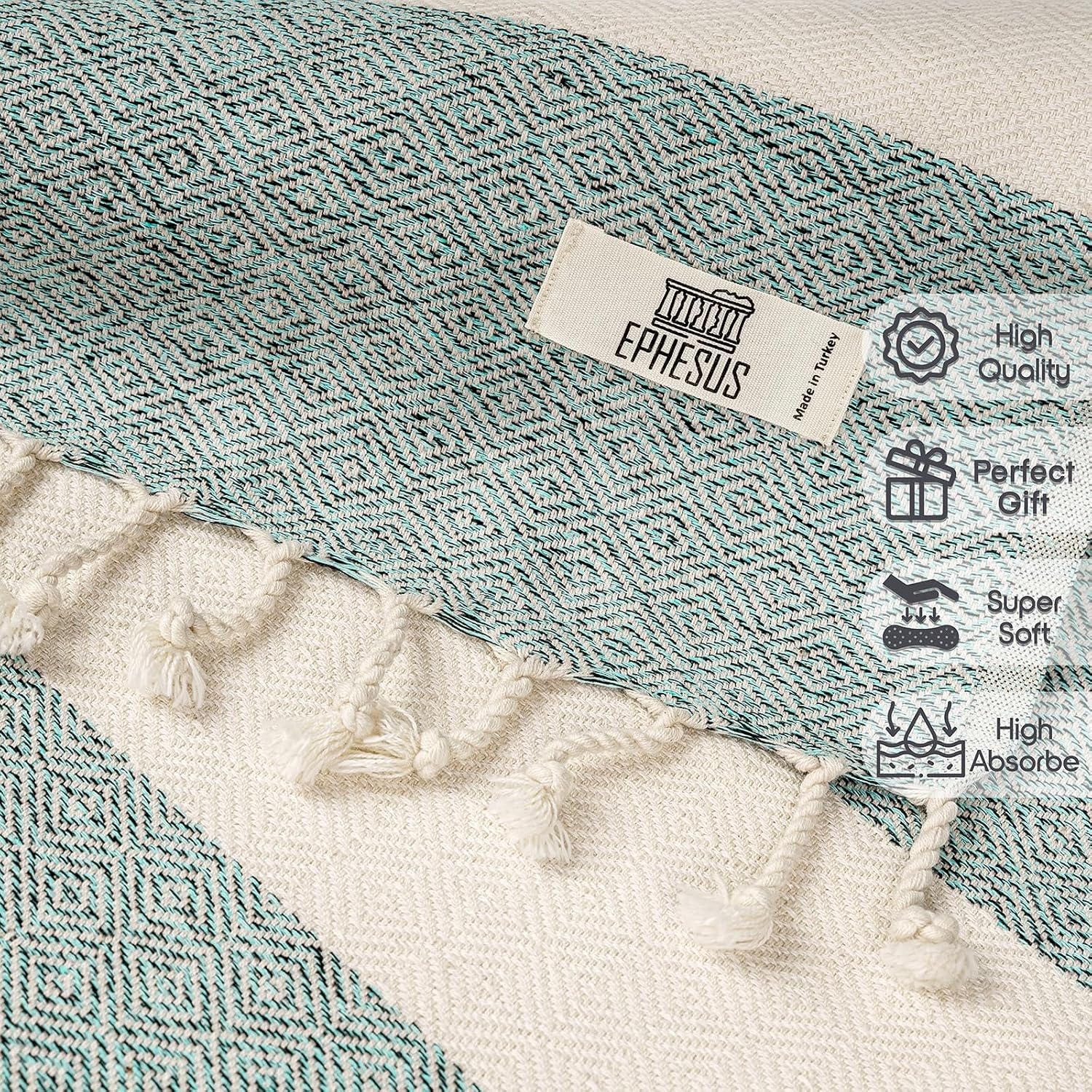 EPHESUS TOWELS Turkish Hand Towels - Set of 2 | 18" x 30" Decorative Boho Guest Bath Towel for Bathroom, Kitchen, Face, Hair, Tea, Dishcloth (Diamond, Mint)