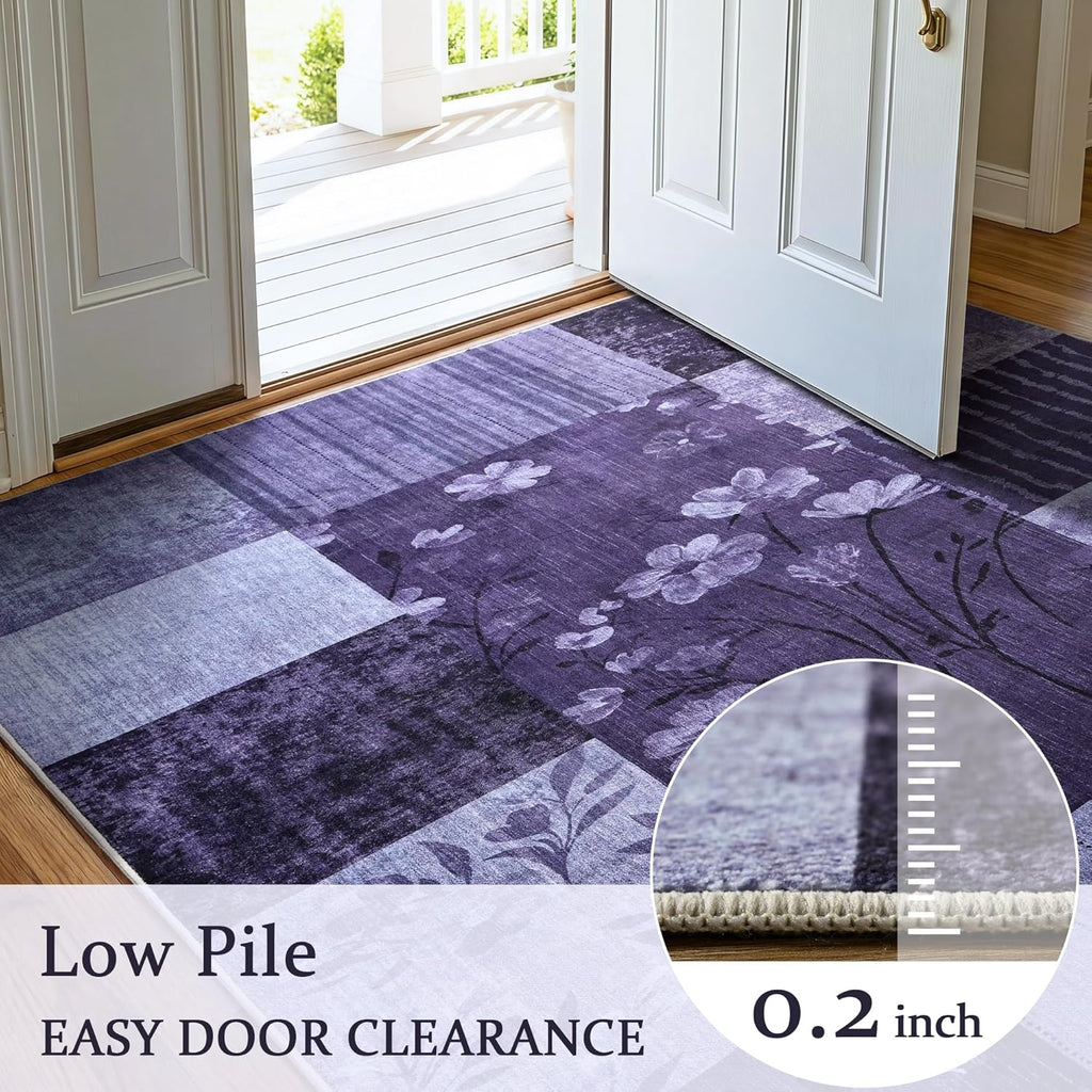 Modern Area Rugs for Living Room, 4x6 Feet Geometric Patchwork Rug, Washable Non-Slip Indoor Low Pile Carpets for Bedroom Dining Room Office Playroom Home Dorm Decor, Dark Purple