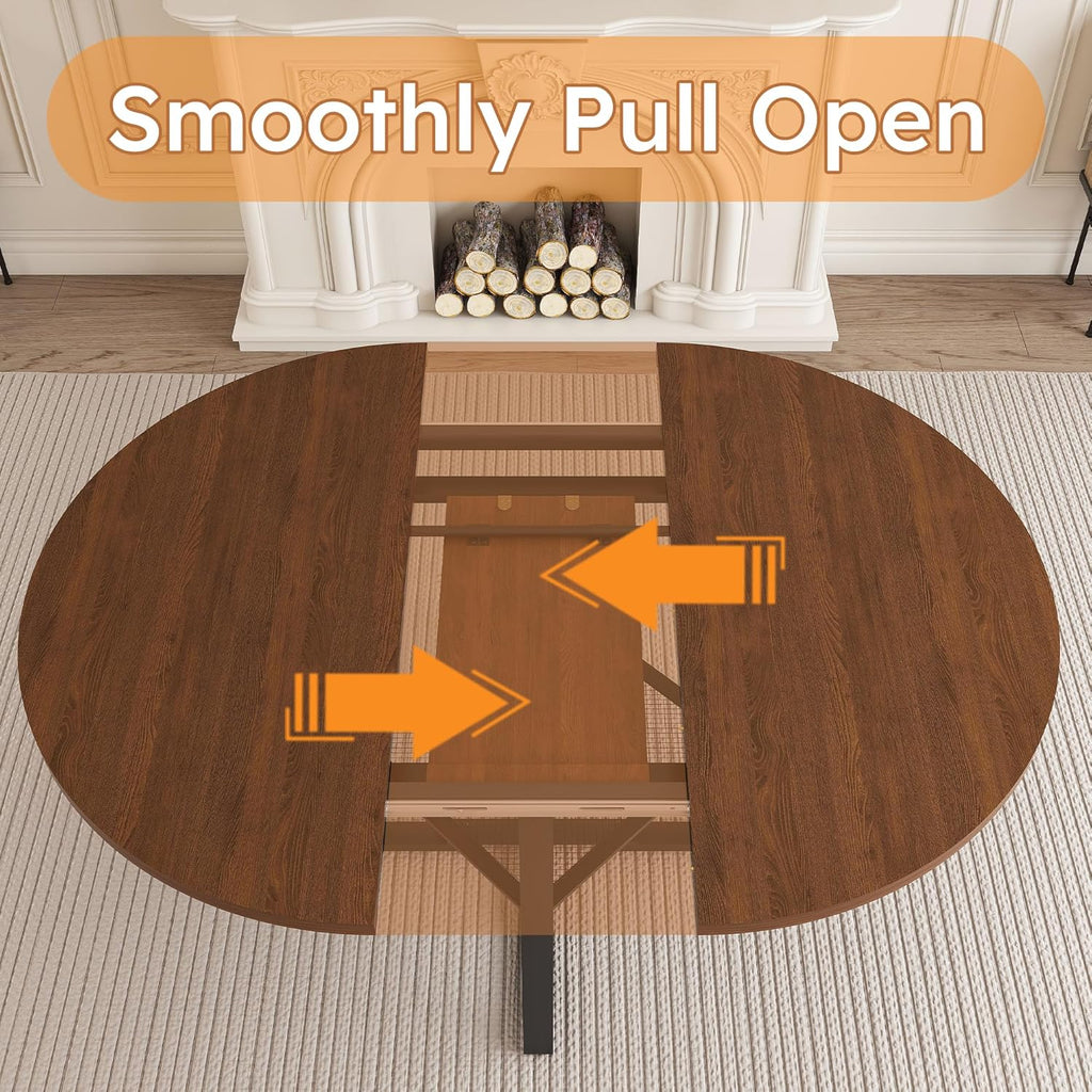 47-59" Round Dining Table Set for 6, Extendable Round Dining Table with Chairs, Wood Table and Chairs Set with Storage Shelf, Modern Dining Room Table Set for 6