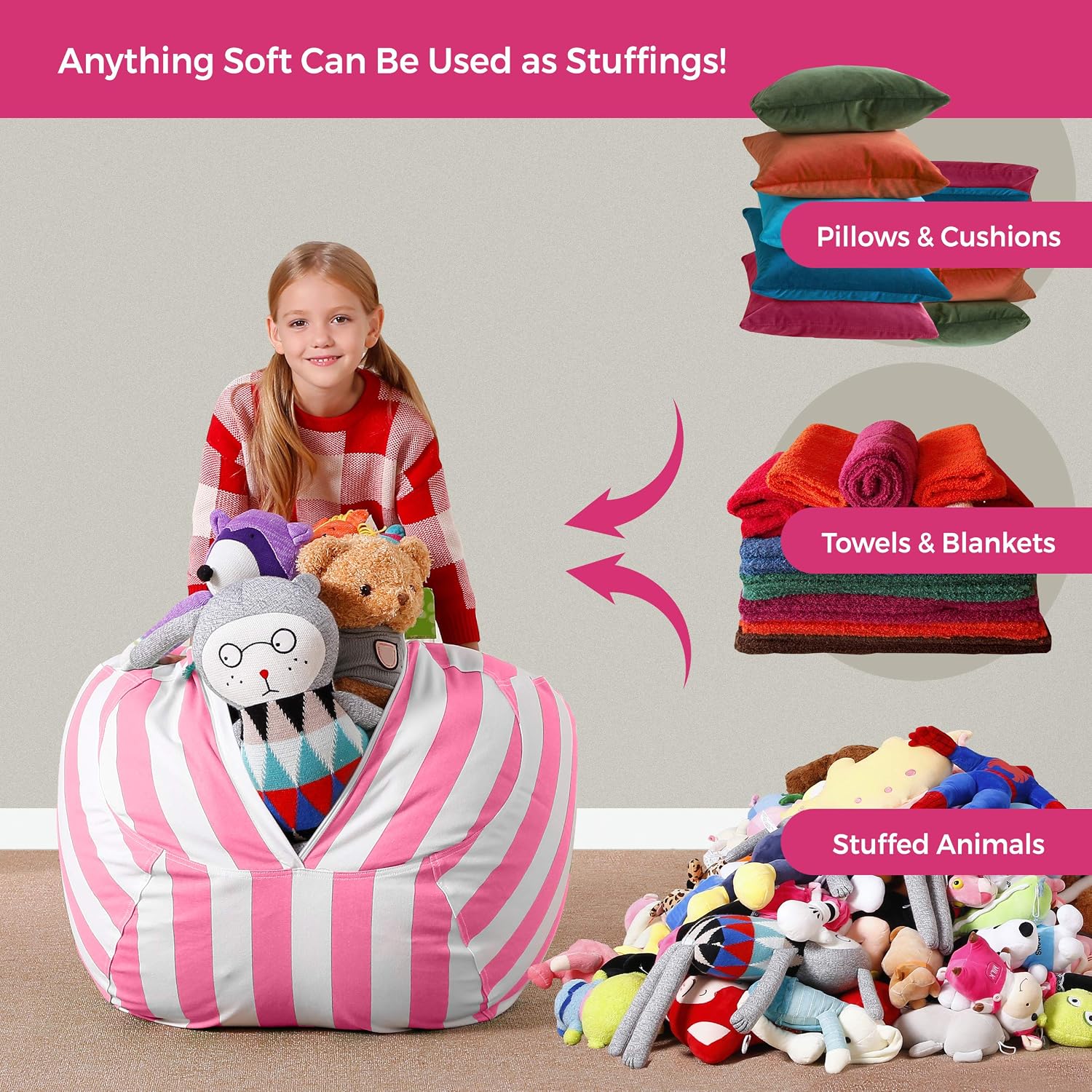 Aubliss Stuffed Animal Bean Bag Storage Chair, Beanbag Covers Only for Organizing Plush Toys, Turns into Bean Bag Seat for Kids When Filled, Medium 32"-Canvas Stripes Pink/White