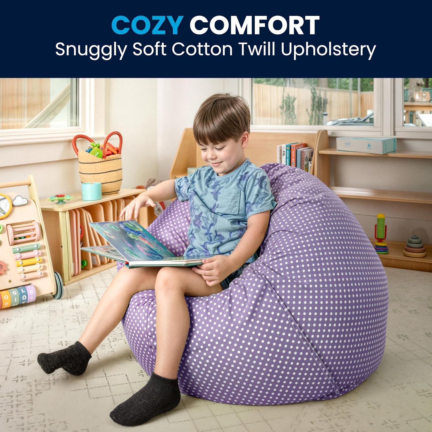 Flash Furniture Dillon Small Bean Bag Chair for Kids and Teens, Foam-Filled Beanbag Chair with Machine Washable Cover, Lavender Polka Dot | Refillable, Durable Cover, Indoor Use, All Ages