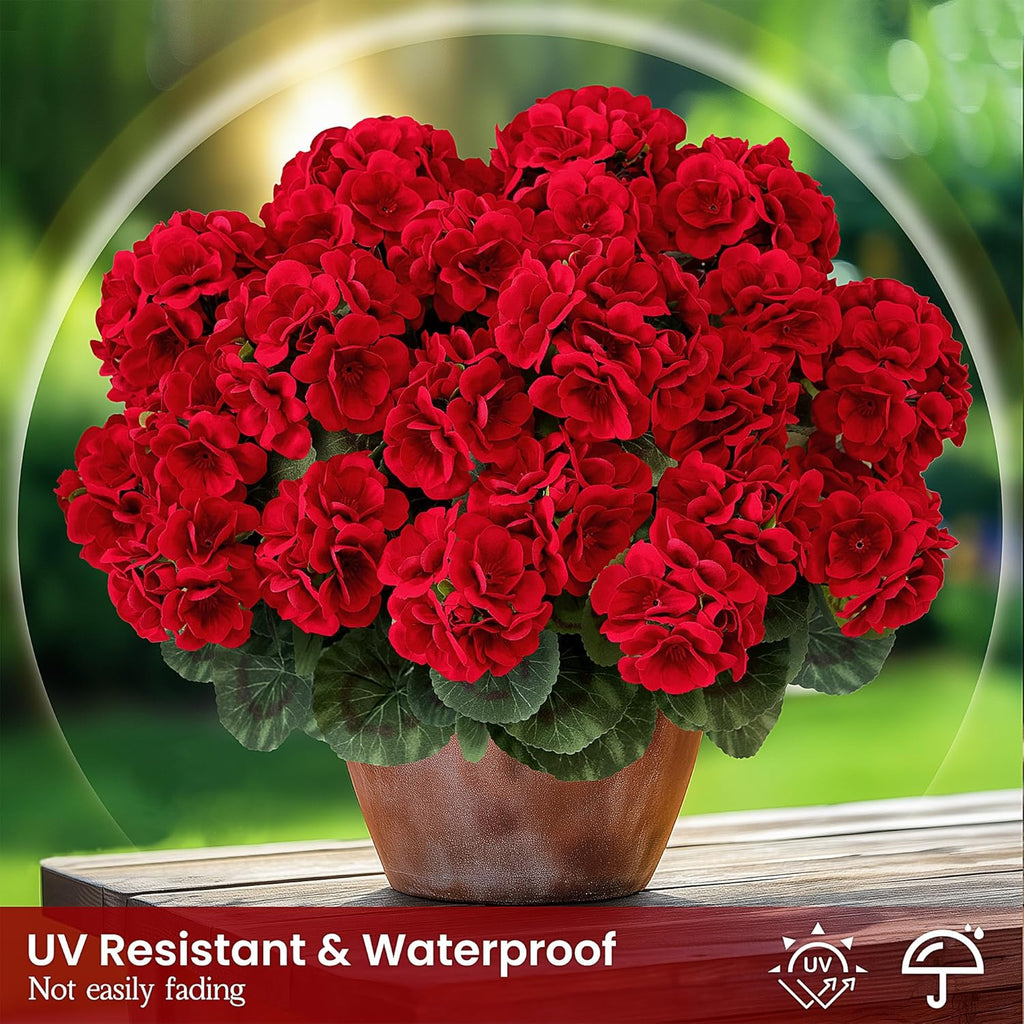 6 PCS 14" Artificial Geranium Flowers for Outdoors, Realistic Artificial Flowers UV Resistant Silk Faux Geraniums for Garden Planter Windowsills Patios Wedding Outdoor Home Decor, Red