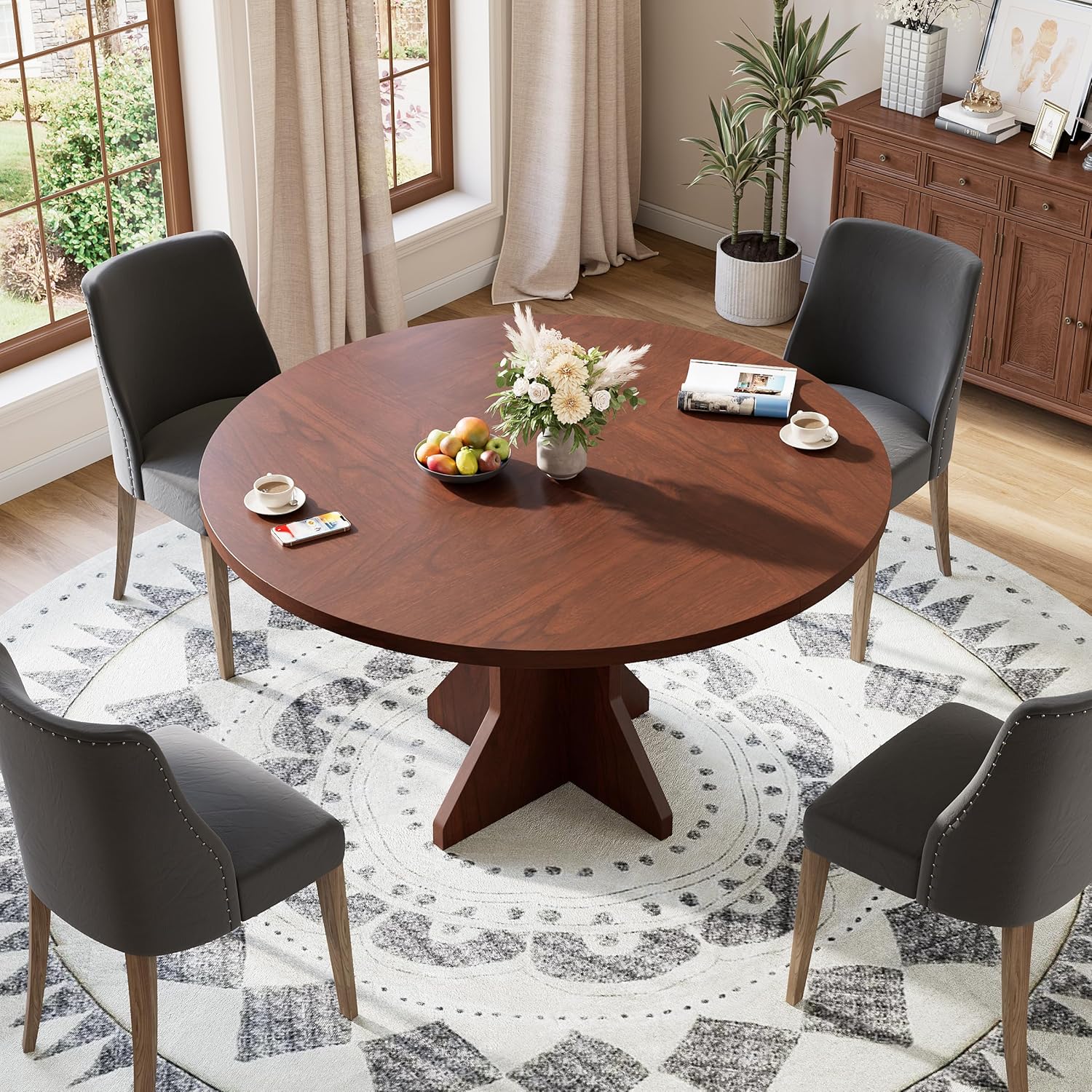 Garvee Round Dining Table for 4-6 People - 47" Circle Kitchen Dinner Table with Sturdy Pedestal Base, Small Spaces Dinning Room Furniture for Living Room, Kitchen, Apartment, Walnut