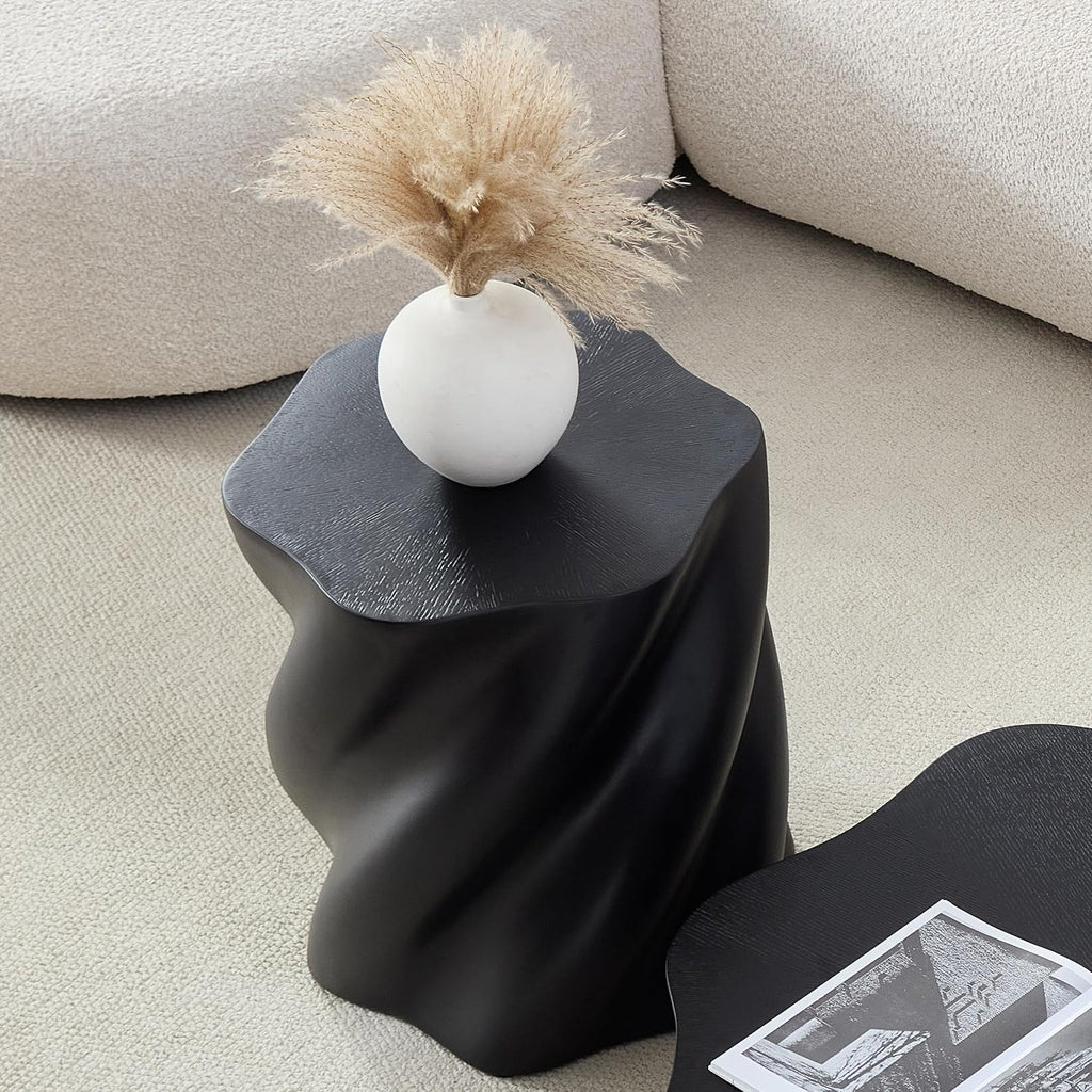 19.69 Inch Tall Round Side Table, Modern End Table with Fluted Design, Premium Fiberglass Drum Nightstand for Living Room and Bedroom, No Assembly Required, Black