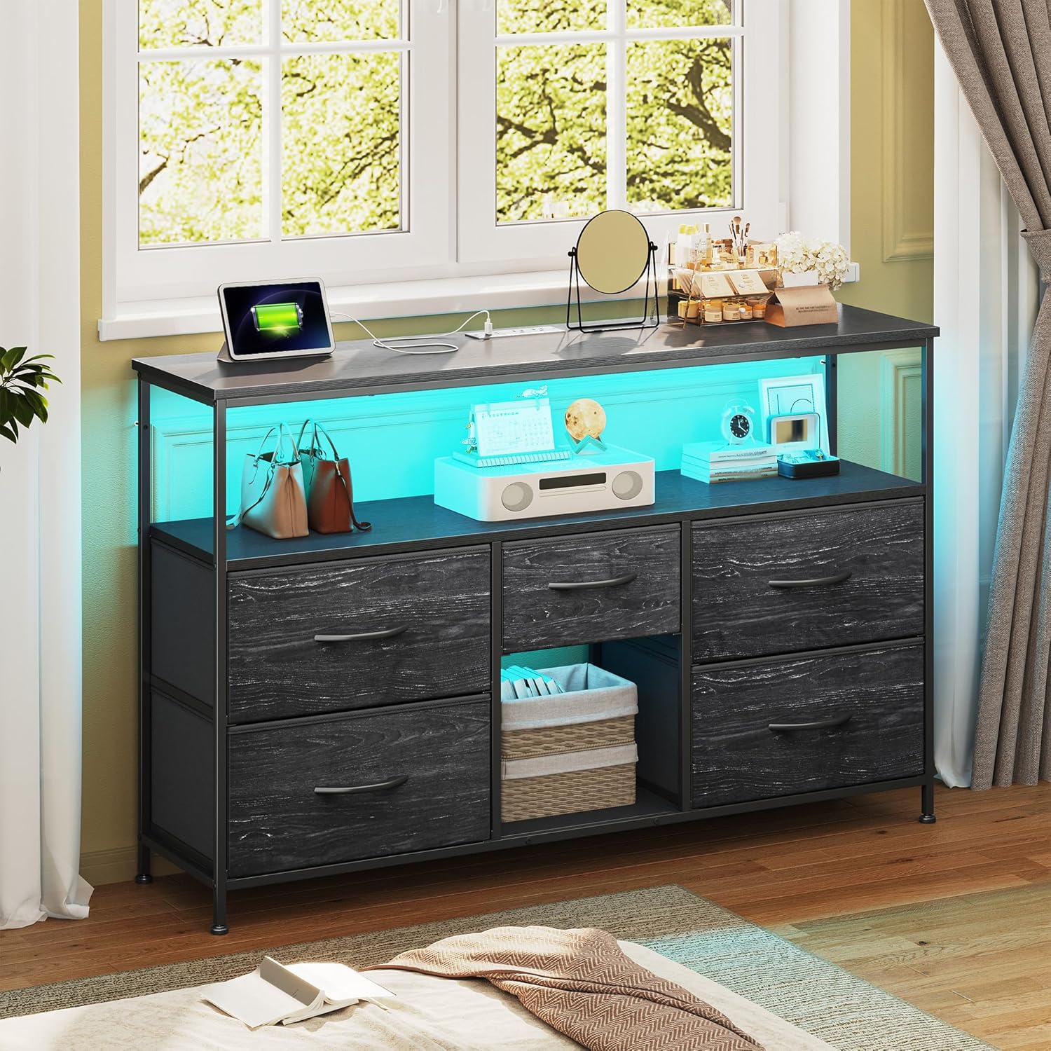 Romorgniz Black TV Stand for 45/50" TVs, 5 Deep Drawers&Led Lights&Outlets | Small Dresser For Bedroom&Studio,Strong Metal Frame For Stability,Spacious Shelves Display Collections&Keep Things Organized