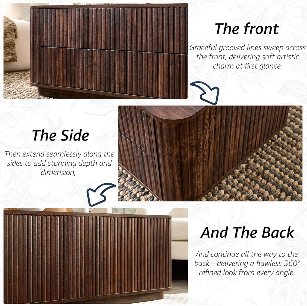 51" Fluted Coffee Table with 4 Drawers, Mid Century Modern Large Coffee Table with Storage, Rectangle Wood Center Table for Living Room, Dark Walnut
