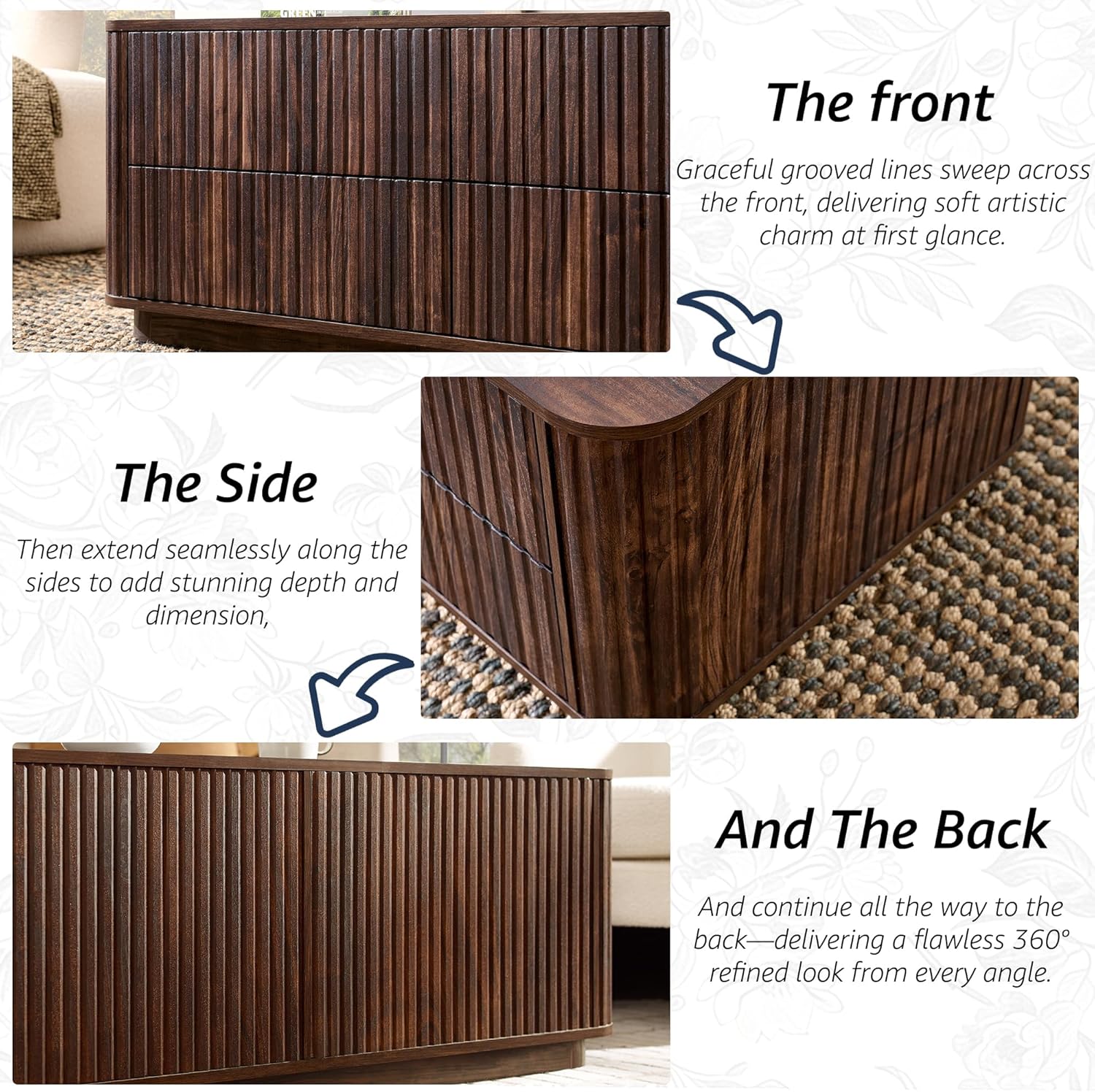 51" Fluted Coffee Table with 4 Drawers, Mid Century Modern Large Coffee Table with Storage, Rectangle Wood Center Table for Living Room, Dark Walnut