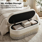 39.4“ Boho Storage Ottoman Bench with Tassels, Linen Upholstered Ottoman with Storage, Oval End of Bed Bench, Entryway Foot Rest for Bedroom, Lift-Top Lid with Safety Hinge, Living Room, Beige