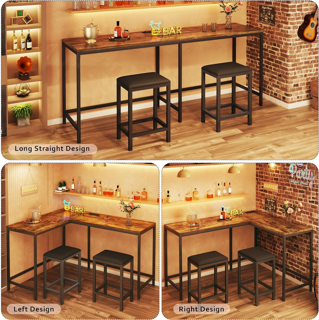 L Shaped Bar Table with Stools, 63‘’ Bar Height Table with Power Outlets, Convertible Corner Counter Height Bar Table with 2 Stools, Rectangular High Top Table for Small Spaces, Breakfast Nook, Rustic