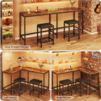 L Shaped Bar Table with Stools, 63‘’ Bar Height Table with Power Outlets, Convertible Corner Counter Height Bar Table with 2 Stools, Rectangular High Top Table for Small Spaces, Breakfast Nook, Rustic
