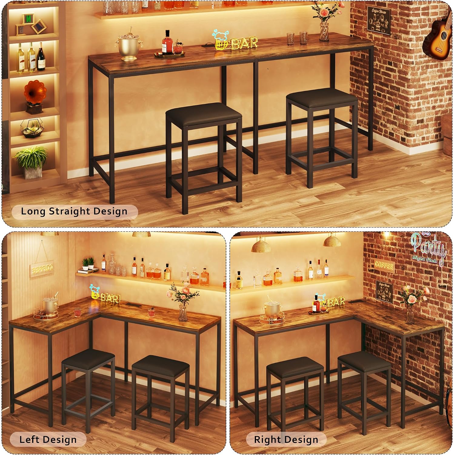 L Shaped Bar Table with Stools, 63‘’ Bar Height Table with Power Outlets, Convertible Corner Counter Height Bar Table with 2 Stools, Rectangular High Top Table for Small Spaces, Breakfast Nook, Rustic