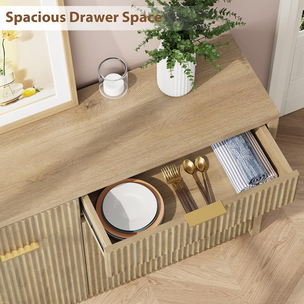 YaFiti Sideboard Buffet Cabinet Fluted Storage Cabinet, 55.1" Large Credenza with Storage & Adjustable Shelves, Modern Accent Cabinet Wood for Dining Room, Living Room, Entryway, Natural Oak