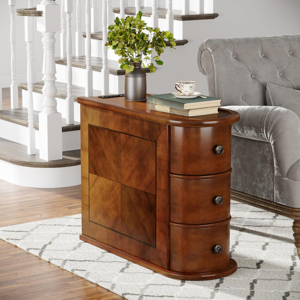 Solid Wood End Table with Charging Station, No Assembly Required Narrow Sofa Side Table for Living Room, Vintage Slim Nightstand Bedside Table (3 Drawers, Brown, 1Pc)