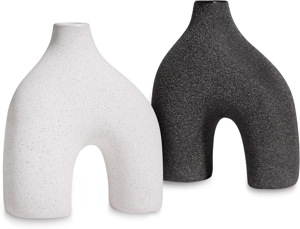 Modern Round U-Shaped Vase Set of 2-8"x3.35"x9.3" Stoneware Sand Graze Hollow Flower Vases for Home Decor - Cute Vases for Centerpieces, Living Room, Office & Entryway Display (Black & White)
