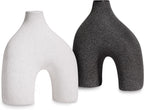 Modern Round U-Shaped Vase Set of 2-8"x3.35"x9.3" Stoneware Sand Graze Hollow Flower Vases for Home Decor - Cute Vases for Centerpieces, Living Room, Office & Entryway Display (Black & White)