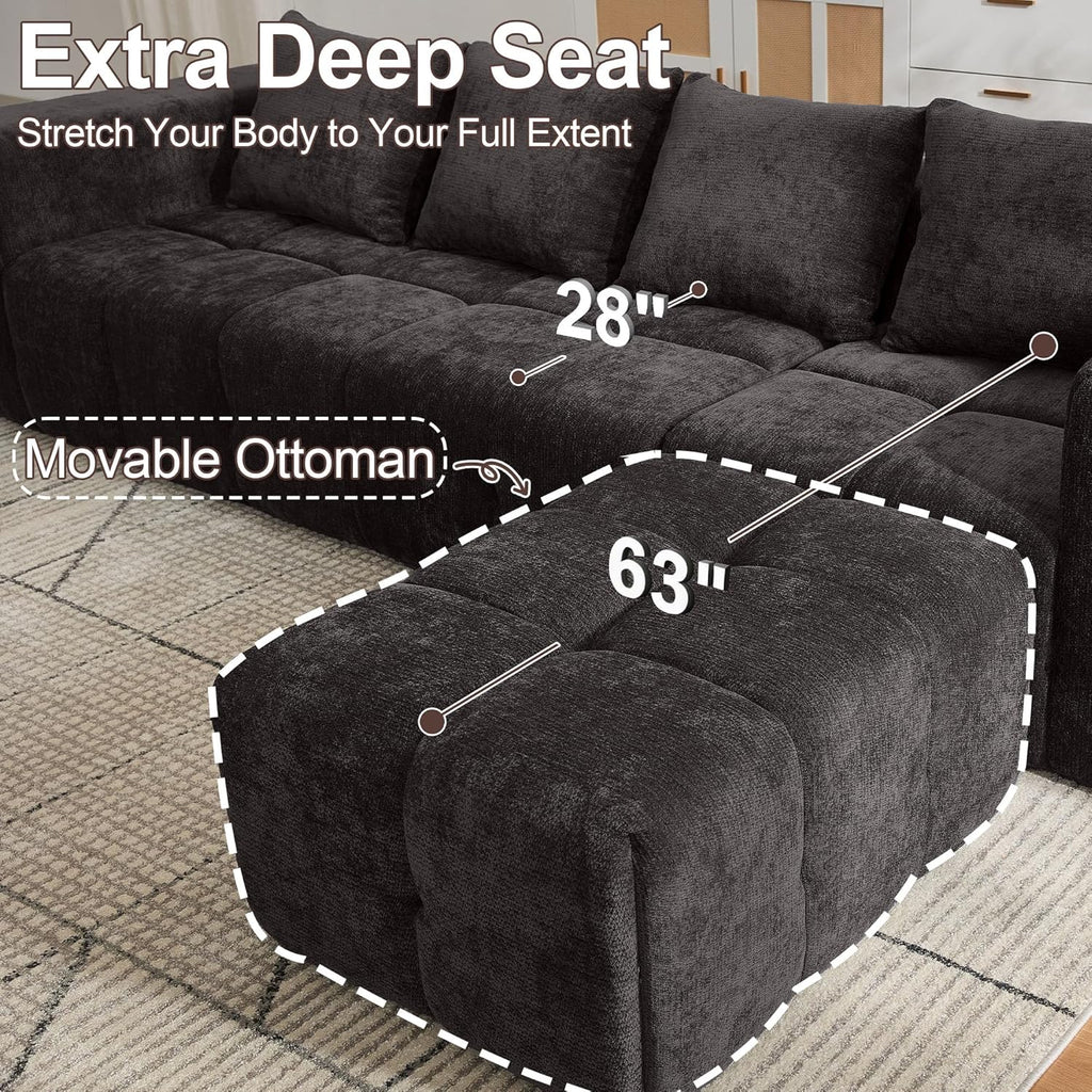 119" Boneless Couch, Cloud Sectional Couch with Deep Seat, High-Density Memory Foam and Chaise, Sectional L Shaped Sofa, Boneless Couches for Living Room, No Assembly Required Tufted Sofa, Dark Grey