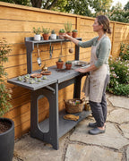 Outdoor Potting Bench Table with Removable Sink, Heavy Duty, Gray | All-weather HIPS, sleek gray finish, fold-out 51.8 in worktop, 7 tool hooks, storage shelves, 240 lb load, no rot or sealing