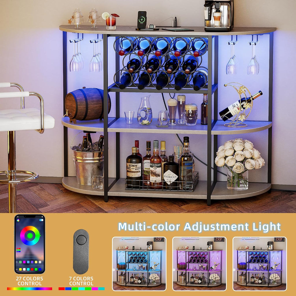 VICTONE Wine Bar Cabinet with LED Lights and Power Outlets, Freestanding Coffee Liquor Bar Cabinet with Glass Holder, Wine Rack Table for Home Kitchen Dining Room (White)