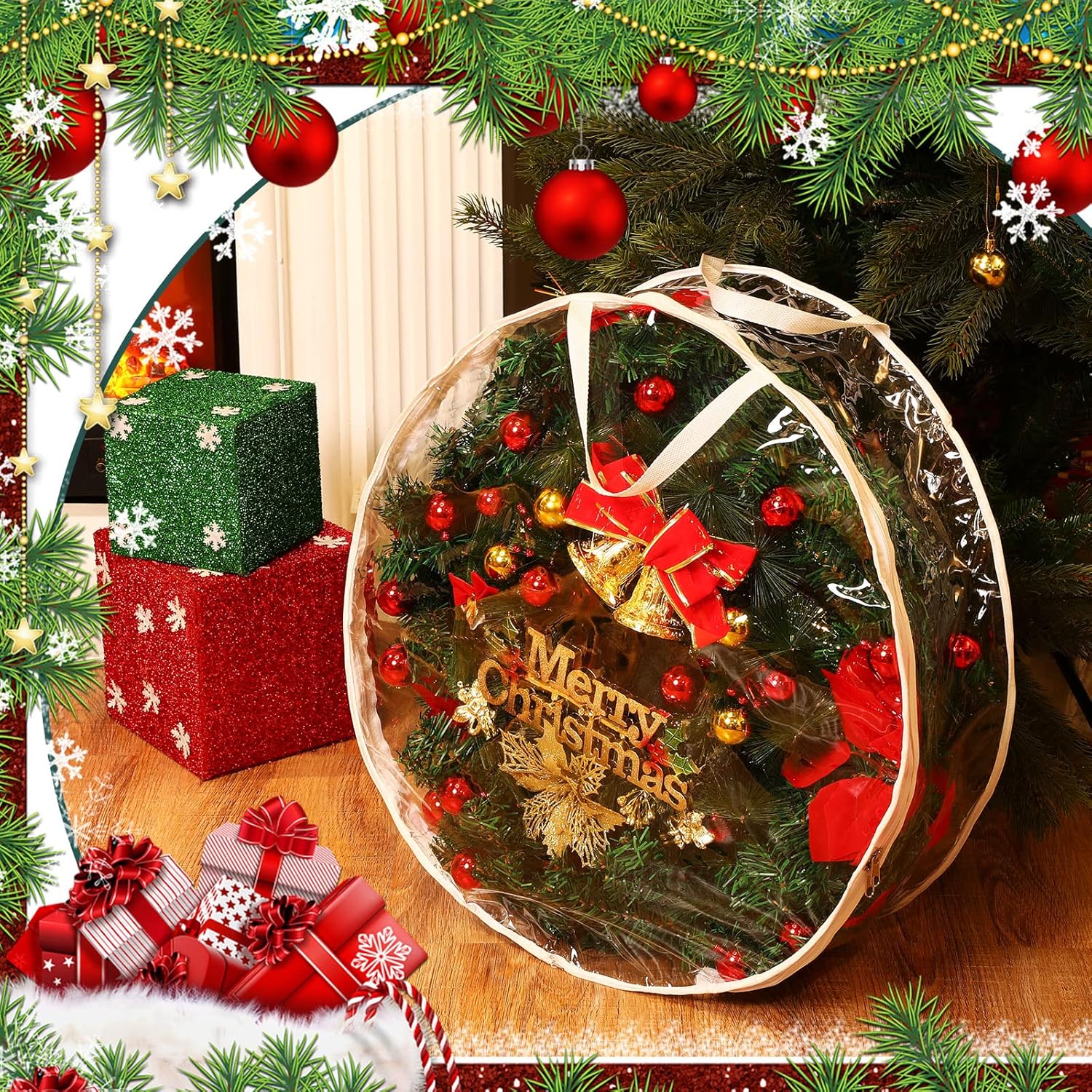 Shappy 4 Pieces Christmas Wreath Storage Container 30 Inch Wreath Plastic Storage Bags with Dual Zippers and Handles for Xmas Thanksgiving Holiday Artificial (Clear)