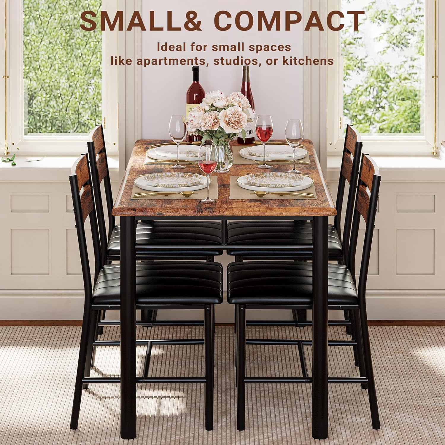 IRONCK Dining Table Set for 4, Wood Kitchen Table with Upholstered Chairs for Kitchen Room and Small Spaces, Rustic Brown