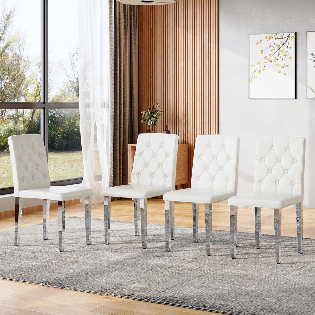 Modern Dining Chairs Set of 4, Button Tufted Upholstered Parsons Chairs with Silver Metal Legs, White PU Leather Kitchen Chair for Dining Room, Kitchen, Restaurant