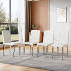 Modern Dining Chairs Set of 4, Button Tufted Upholstered Parsons Chairs with Silver Metal Legs, White PU Leather Kitchen Chair for Dining Room, Kitchen, Restaurant