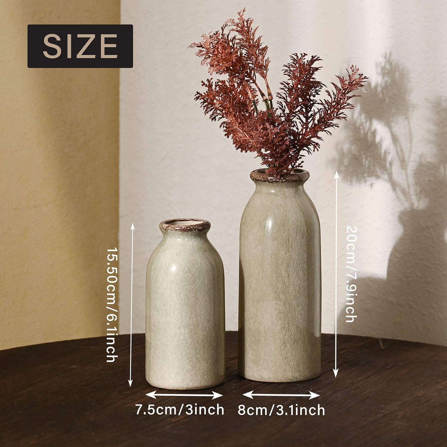 VICTOR & TERESA Green Ceramic Vases Home Decor, Farmhouse Vase for Flowers, Flower Vase Set of 2, Rustic Decorative Vases for Pampas Grass, Table, Living Room, Shelf, Centerpieces, 8 inch