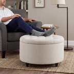 28" Round Ottoman, Modern Ottoman with Storage, Tufted Upholstered Footstool with Wooden Legs, Round Coffee Table w/Removable-Top, Chenille Footrest for Living Room, Bedroom, Apartment, White