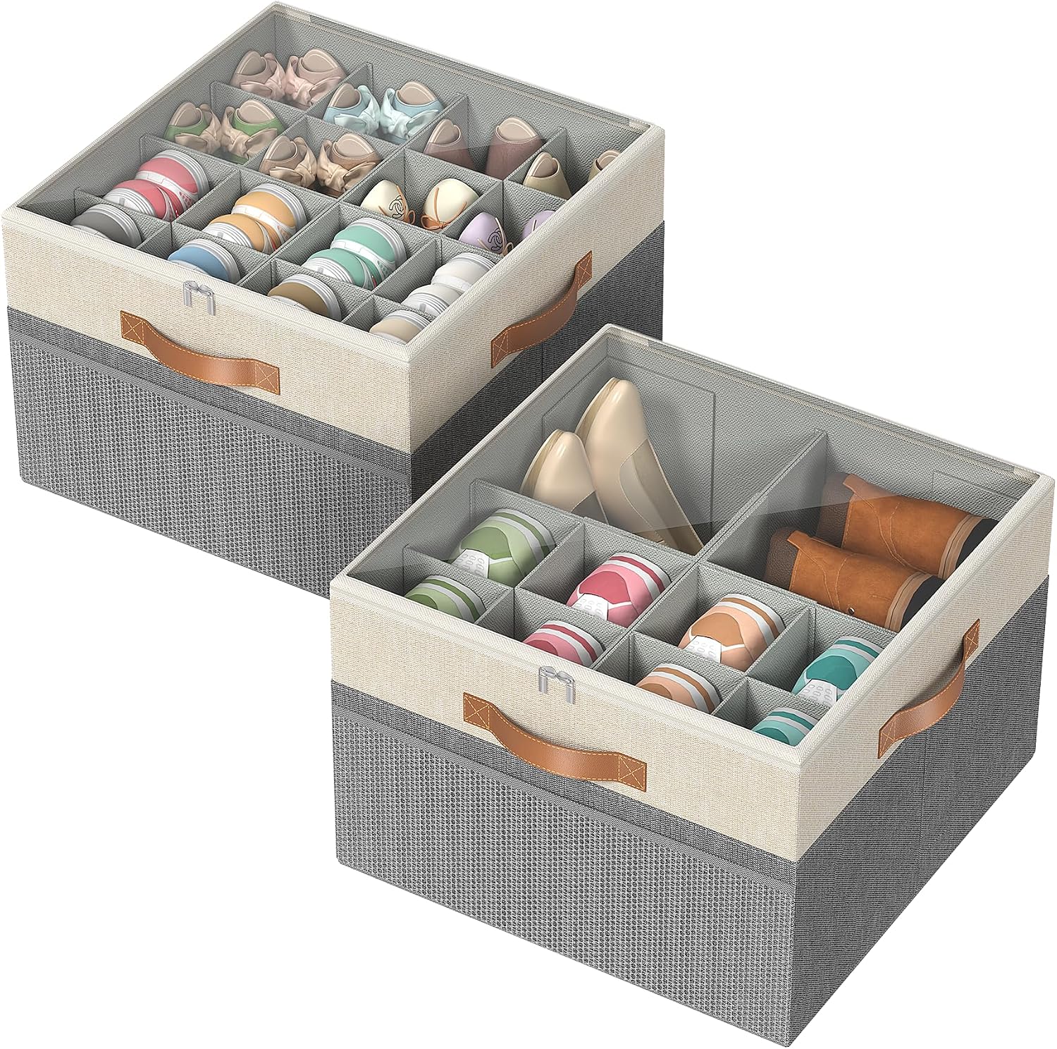 Shoe Organizer for Closet, 2 Pack Foldable Shoe Storage Organizer Box Bin with Adjustable Dividers and Clear Cover, Fits up to 16-32 Pairs（Grey&Beige）