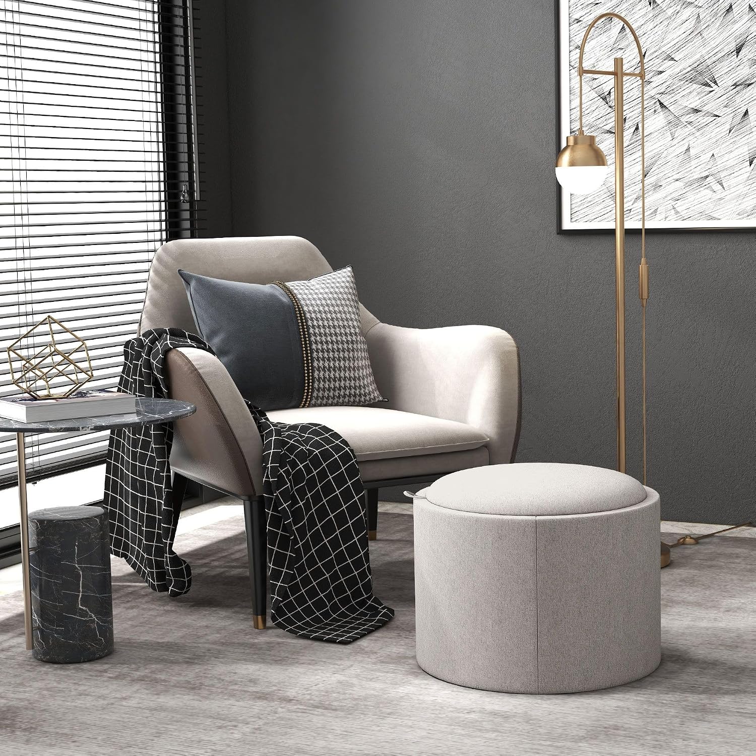 Reversible Storage Ottoman with Lid, Light Gray