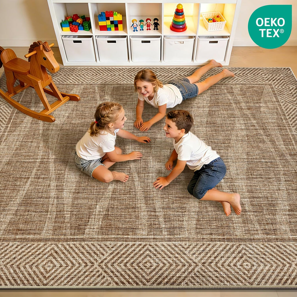 Jute Rug 5x7 Outdoor Patio Rug with Border, Washable Rugs for Living Room, Farmhouse Non Slip Area Rugs with Rubber Backing Indoor Outdoor, Non Shedding Carpet for Bedroom, Courtyard, Light Brown