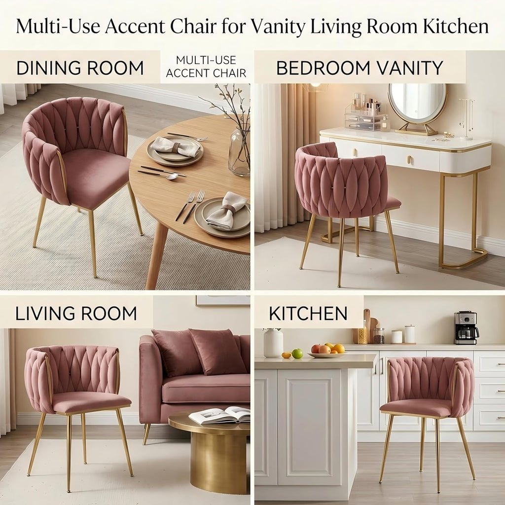 KEIKI Modern Velvet Dining Chairs Set of 2, Upholstered Woven Accent Dining Chairs with Gold Metal Legs, Tufted Back, Kitchen & Dining Room Chairs for Living Room, Bedroom, Vanity, Pink