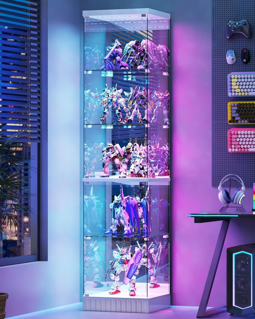 Lvifur 67''H Corner Curio Cabinet - with Glass Door, Lockable Glass Display Cabinet with RGB Motion Sensor Light, 5-Tier Figure Display Case with Removable Glass Shelf for Collectibles,White