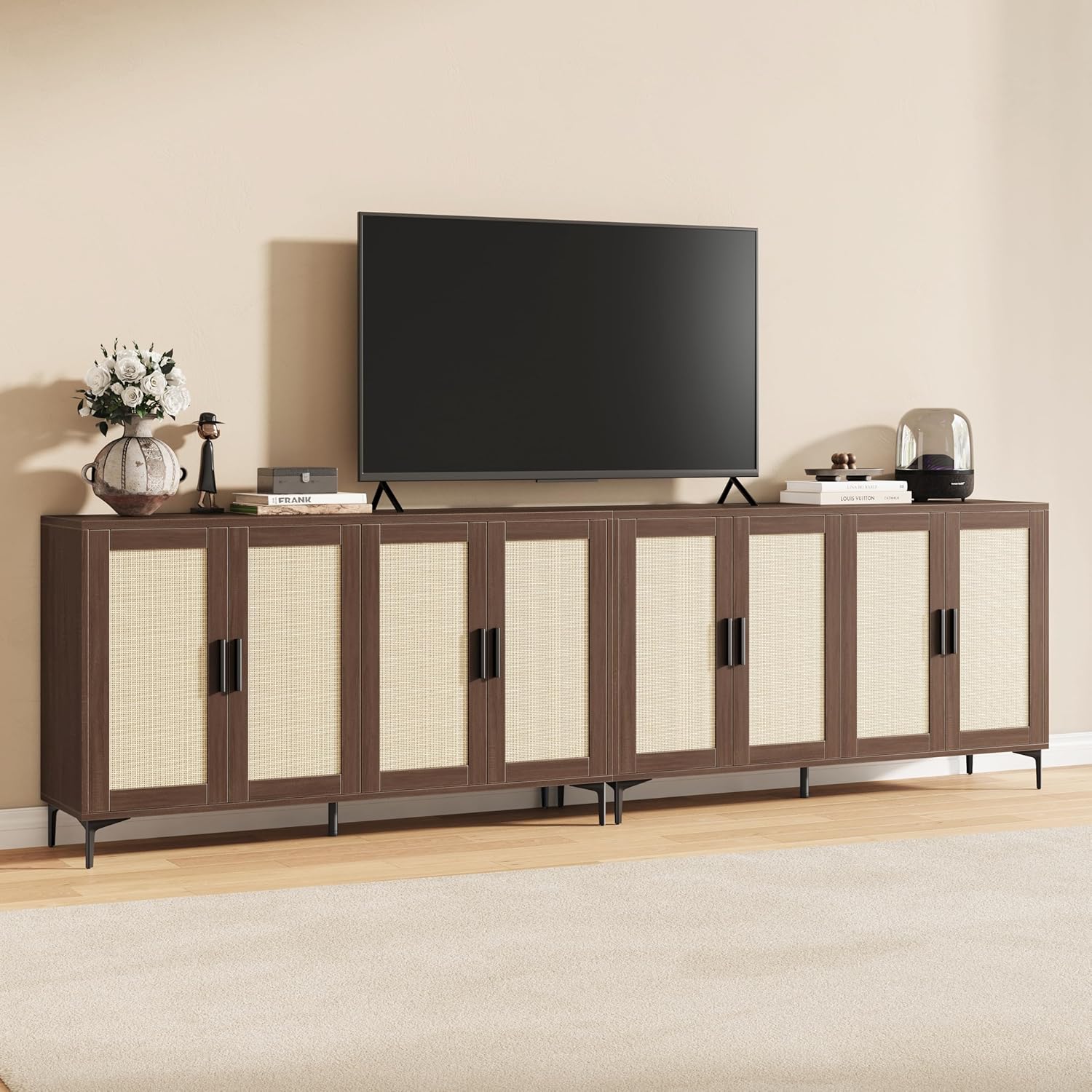 JASIWAY Buffet Cabinet with Storage, 48" Rattan Sideboard with Adjustable Shelves, Modern Coffee Bar Cabinet Console Table with Doors, Credenza for Kitchen, Living Room, Entryway, Dining Room, Walnut