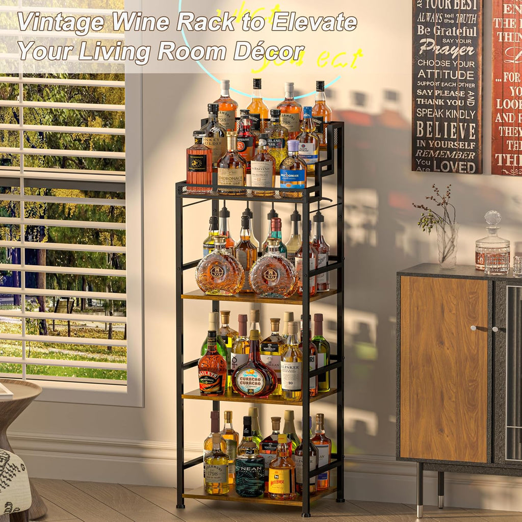 6-Tier Liquor Cabinet for Home Bar, Freestanding Stepped Wine Rack with Open Shelves for Whiskey & Coffee Syrup Storage, Corner Display Stand for Alcohol Bottle, Bar Cart Style for Living Room Kitchen