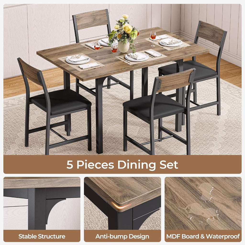 IRONCK 5-Piece Dining Table Set for 4, Extendable Kitchen Table Chairs Set of 4, Dining Room Table with 4 Upholstered Chairs, Folding for Small Space, Apartment, Walnut