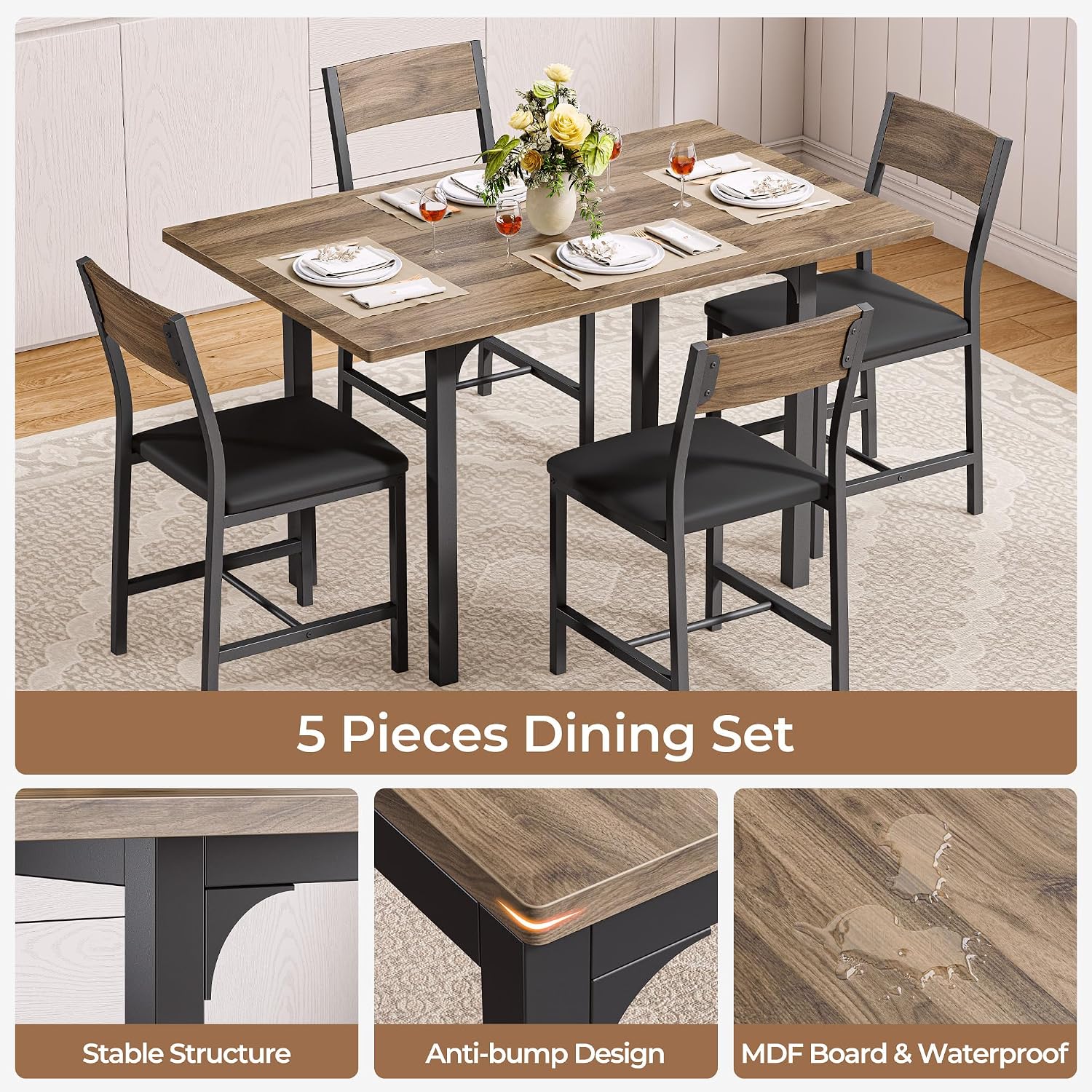 IRONCK 5-Piece Dining Table Set for 4, Extendable Kitchen Table Chairs Set of 4, Dining Room Table with 4 Upholstered Chairs, Folding for Small Space, Apartment, Walnut