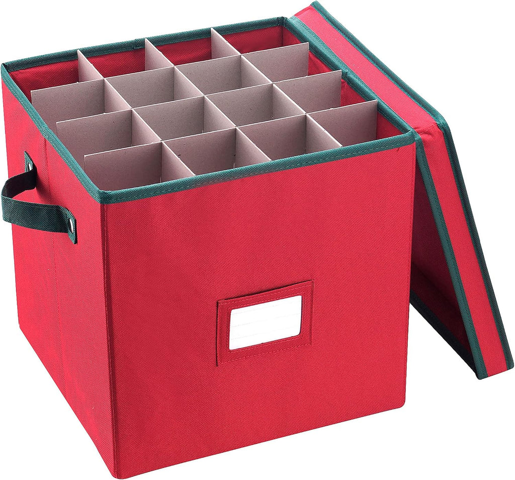 Christmas Decor Storage Box - Red Oxford Canvas Ornament Cube Chest with 64 Compartment Dividers, Riveted Handles, and Lid by Elf Stor