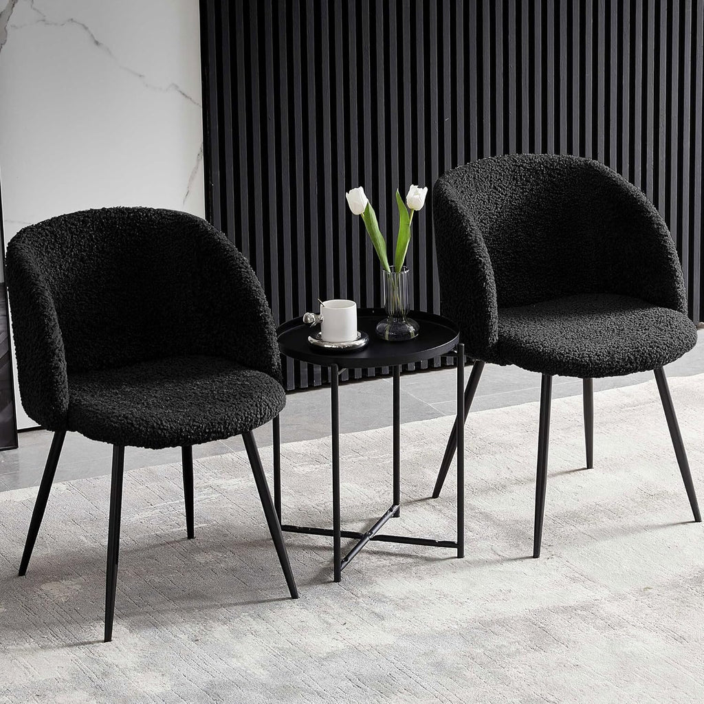 NORDICANA Accent Chairs Set of 2, Fuzzy Sherpa Dining Chairs with Barrel Back, Upholstered Faux Fur Armchairs with Black Metal Leg, Living Room Chairs (Black)
