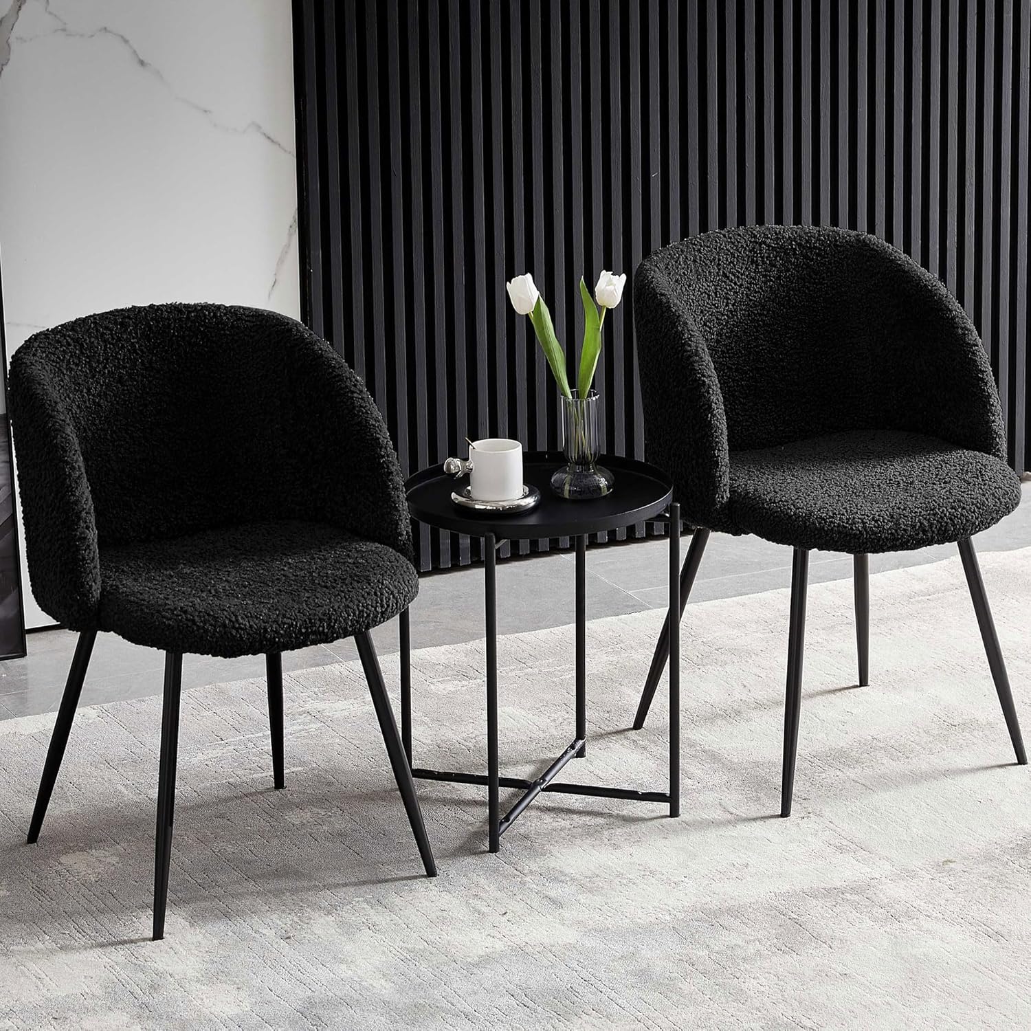 NORDICANA Accent Chairs Set of 2, Fuzzy Sherpa Dining Chairs with Barrel Back, Upholstered Faux Fur Armchairs with Black Metal Leg, Living Room Chairs (Black)