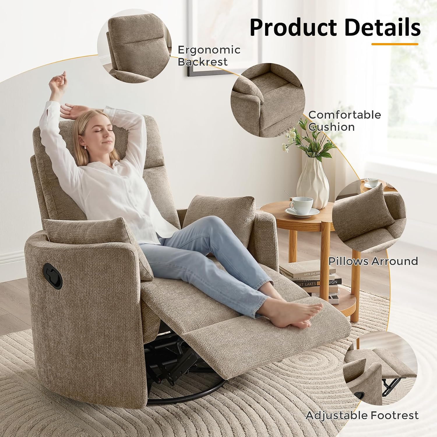 Oversized Nursery Rocking Chair, 360° Swivel Glider Recliner Chair, Chenille Silent Nursery Chair with 2 Pillows and Footrest, Cozy Reclining Sofa for Living Room, Bedroom, Nursing, Camel