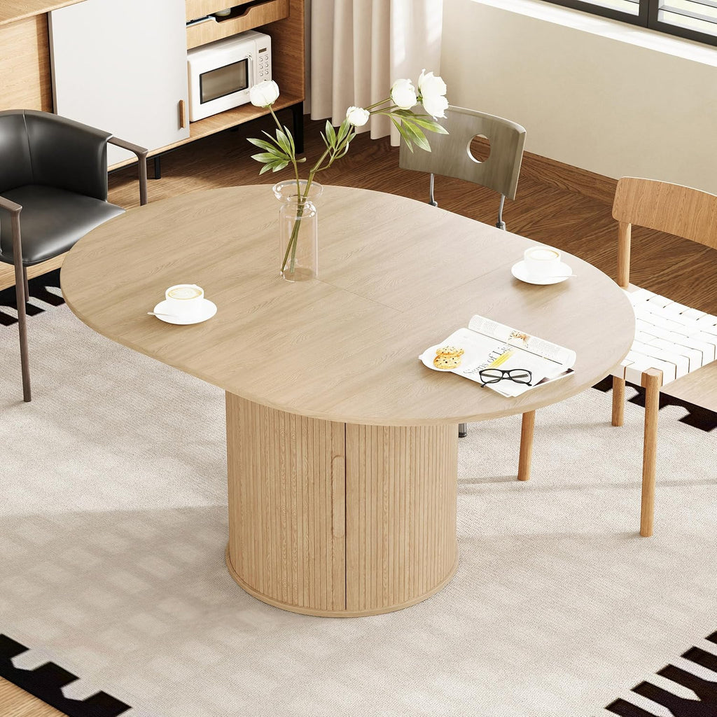 weselon 43"-59" Extendable Round to Oval Dining Table with Hidden Storage, Modern Wooden Kitchen Table with Fluted Sliding Door Cabinet, Expandable Dinner Table for Dining Room Living Room (Natural)
