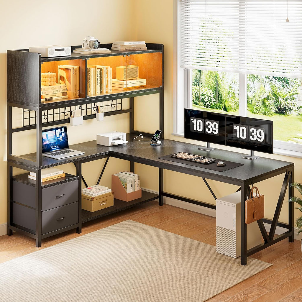 L Shaped Gaming Desk with Fabric Drawers and Power Outlet, Corner Computer Desk with LED-Lit Tempered Glass Display Cabinet, L Shaped Office Desk with Storage,PC Desk for Gaming and Home Office, Black
