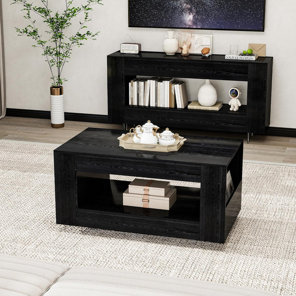 Coffee Table with Storage, 39" Small Center Table with Transparent Legs and Sides Storage, Minimalist Modern 2-Tier Coffee Tables for Living Room, Home Office, Apartment, Black Wood Grain