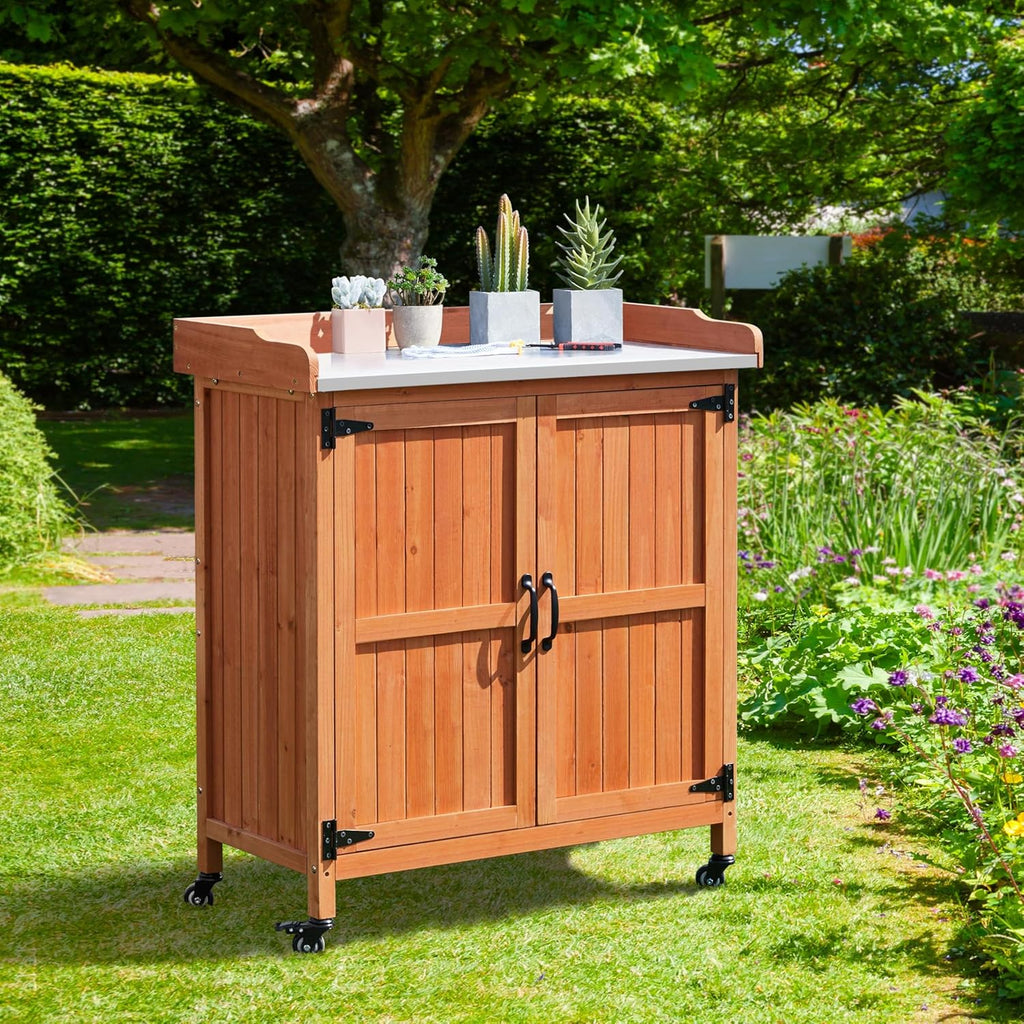 Topeakmart Potting Bench Table - Wooden Storage Cabinet with Removable Shelf & Flexible Space & Metal-Plated Tabletop for Outdoor Garden Patio,Brown